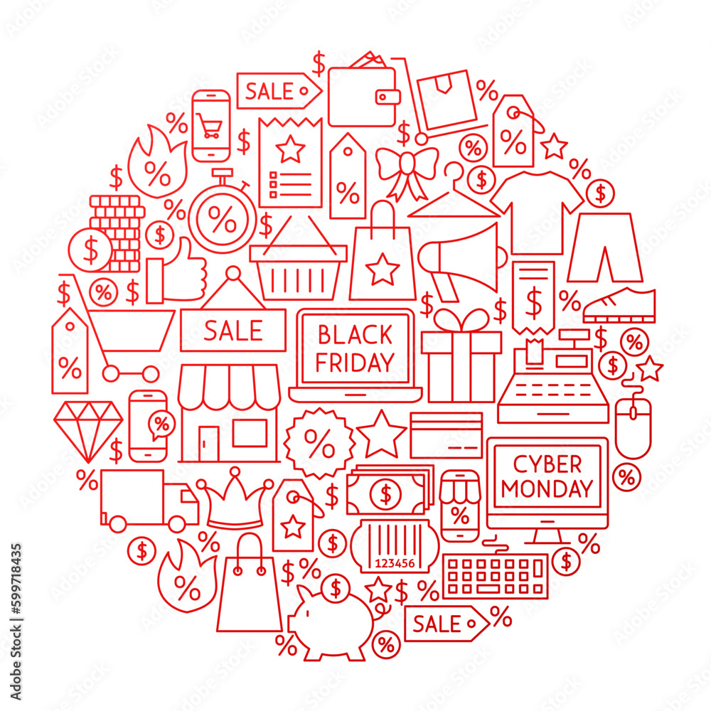Black Friday Line Circle Design. Vector Illustration of Shopping Sale Objects Isolated over White.