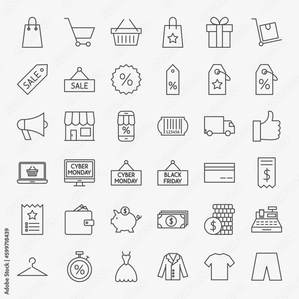 Black Friday Line Icons. Vector Set of Outline Cyber Monday Sale Symbols.