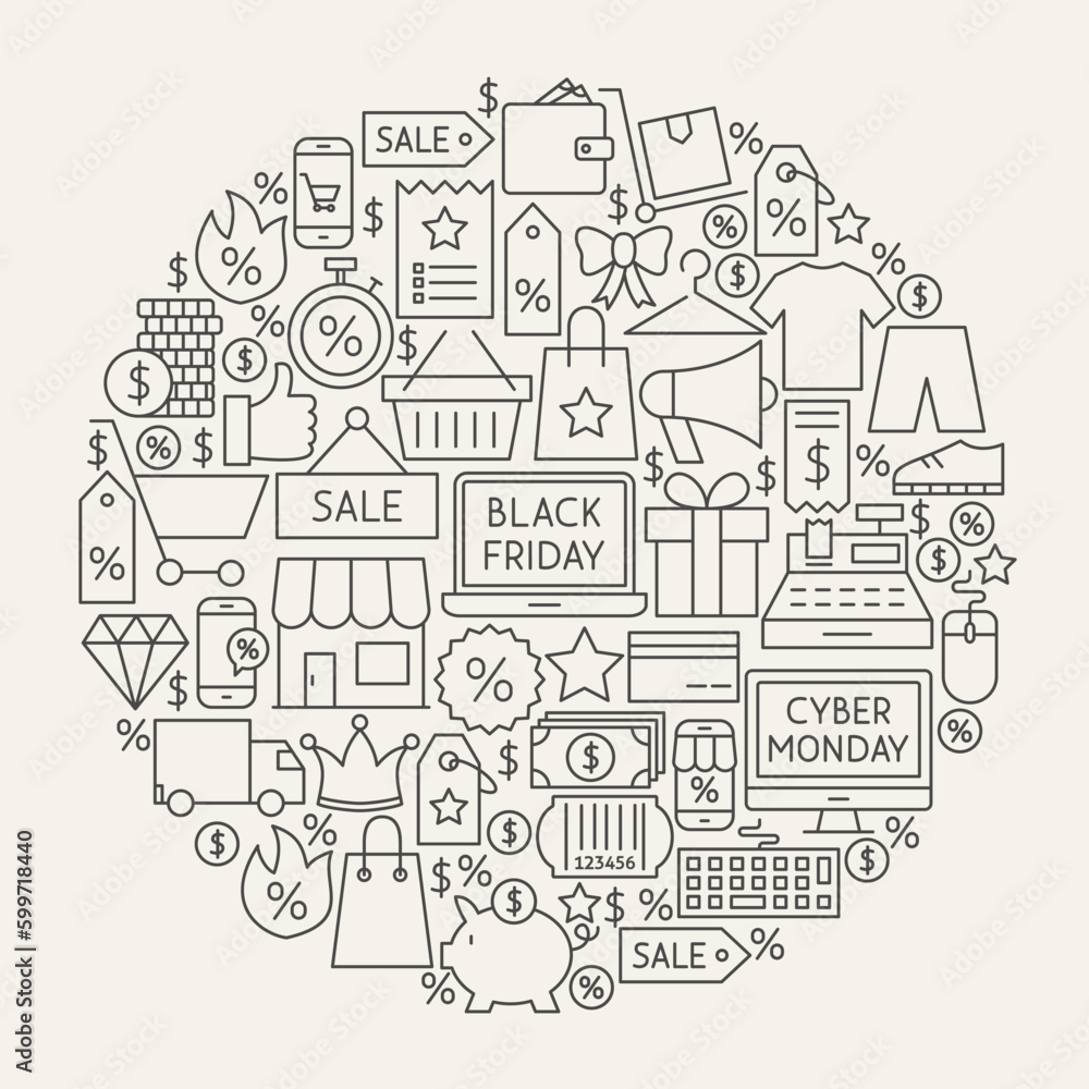 Black Friday Line Icons Circle. Vector Illustration of Cyber Monday Sale Outline Objects.