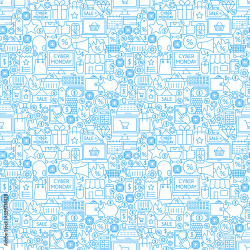 Cyber Monday Seamless Pattern. Vector Illustration of Sale Outline Background.