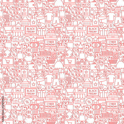 Black Friday Cyber Monday Seamless Pattern. Vector Illustration of Sale Outline Background.