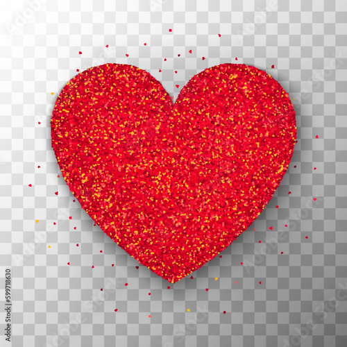 Red Glitter Heart. Vector Illustration of Realistic Love Object over Transparent Background.