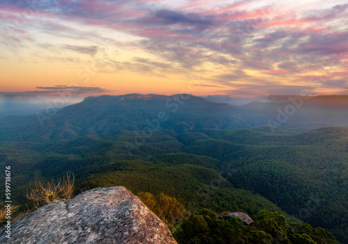Sunset over the Jamison Valley in the Blue Mountains west of Sydney photo