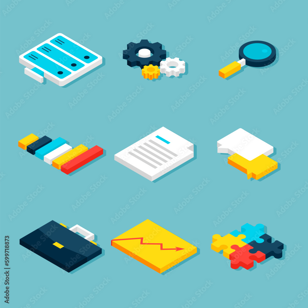 Big Data Analytics Isometric Objects. Vector Website and Business Concept Icons.