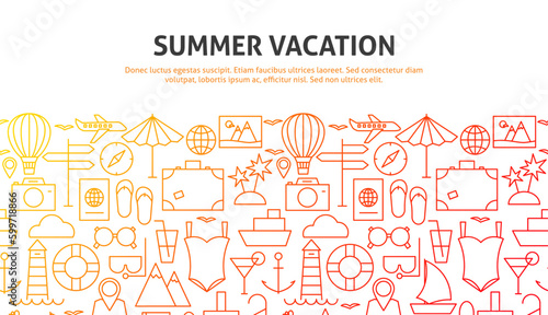 Summer Vacation Web Concept. Vector Illustration of Line Website Design. Banner Template.
