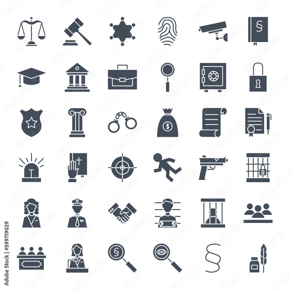 Law Justice Solid Web Icons. Vector Set of Glyphs. Law Justice Solid Web Icons. Vector Set of Glyphs.