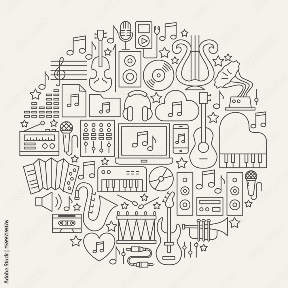 Music Line Icons Circle. Vector Illustration of Outline Objects.