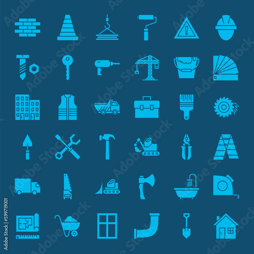 Building Construction Solid Web Icons. Vector Set of Glyphs.