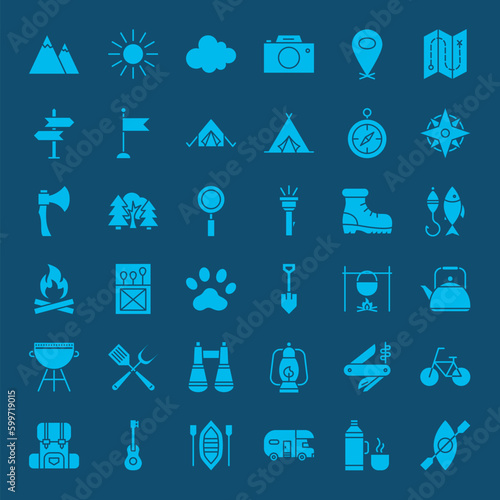 Hiking Outdoor Solid Web Icons. Vector Set of Camping Glyphs.