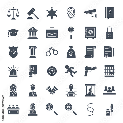 Law Justice Solid Web Icons. Vector Set of Glyphs.