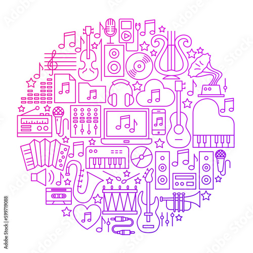 Music Line Icon Circle Design. Vector Illustration of Objects Isolated over White.