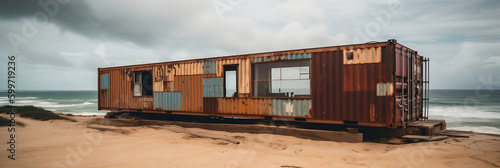 Rusty and dirty looking container house on the beach in the daylight, generative ai © Ash