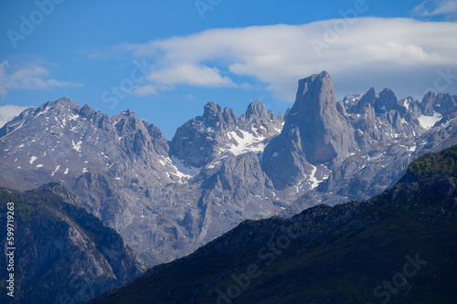 View on Naranjo de Bulnes or Picu Urriellu,  limestone peak dating from Paleozoic Era, located in Macizo Central region of Picos de Europa, mountain range in  Asturias, Spain © barmalini