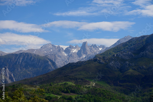 View on Naranjo de Bulnes or Picu Urriellu   limestone peak dating from Paleozoic Era  located in Macizo Central region of Picos de Europa  mountain range in  Asturias  Spain