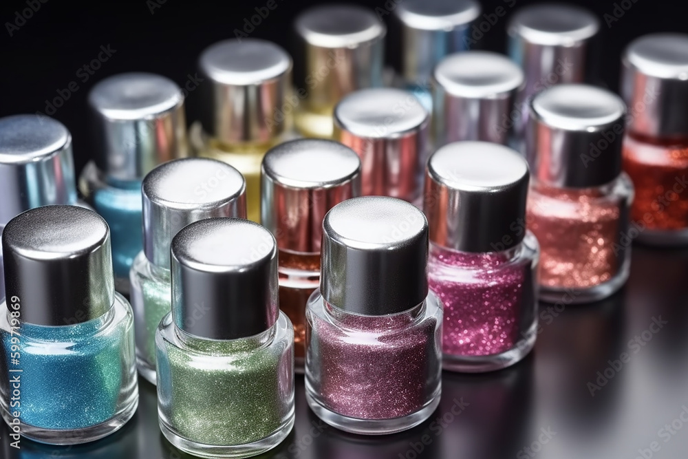 Assortment of nail polish with shimmer. Generative AI Assortment of nail polish with shimmer. Generative AI