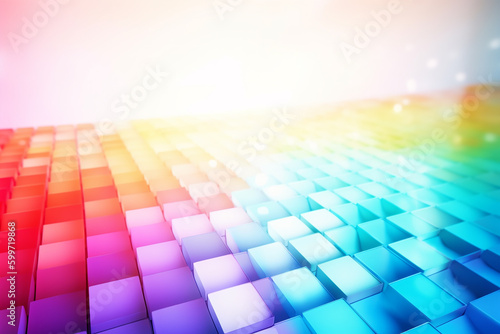 Background of diagonal rows of small cubes of bright iridescent colors. Generative AI