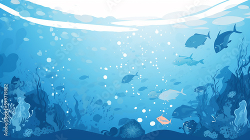 Underwater world, light, air bubbles, cartoon style, banner design. Generative AI