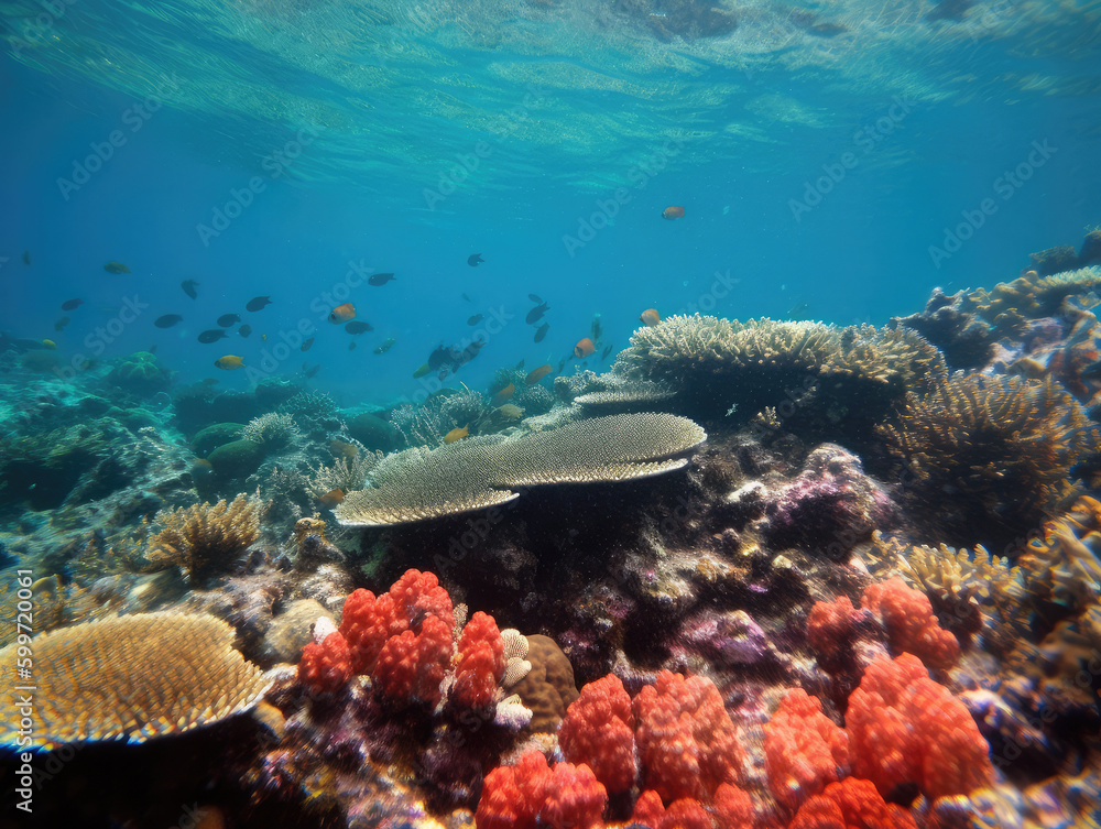 Fototapeta premium Colorful coral reef with fishes. Generative AI