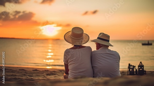 older couple watching a sunset at the beach, generative ai