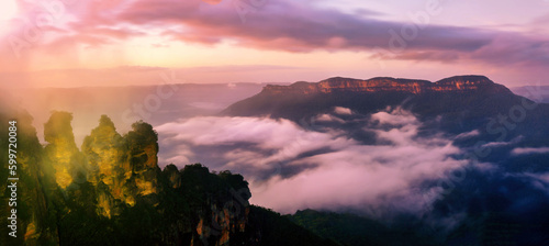 Misty sunrise over the Jamison Valley in the Blue Mountains west of Sydney