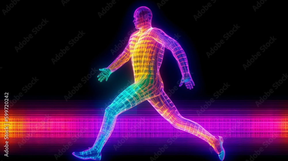 Human body made up by glowing neon pattern. Made with Generative AI.