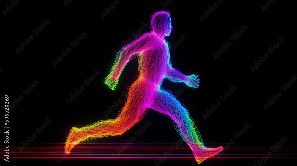Human body made up by glowing neon pattern. Made with Generative AI. Human body made up by glowing neon pattern. Made with Generative AI.