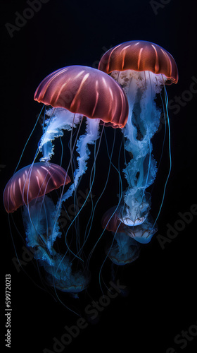 Three purple jellyfish floating in the ocean. Dark background, Generative AI © CostantediHubble