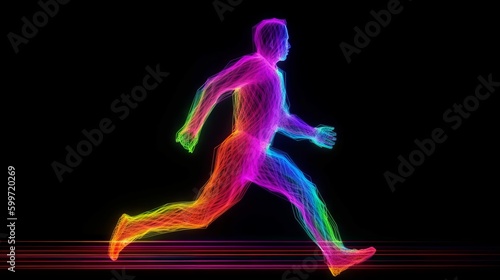 Human body made up by glowing neon pattern. Made with Generative AI. © Paul