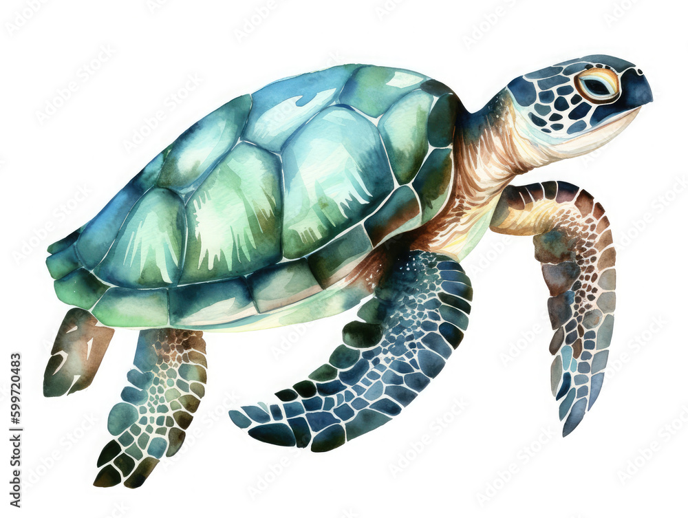 Fototapeta premium Sea turtle watercolor illustration on white. Generative AI