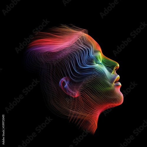 Human face in neon colored line pattern. Made with Generative AI.