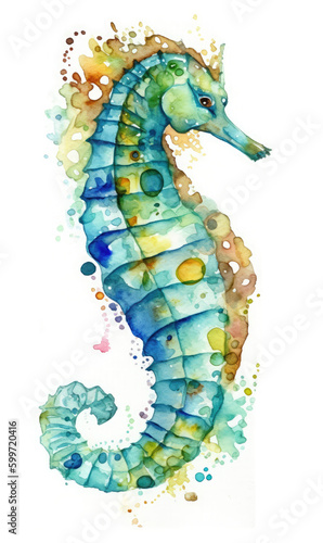 Seahorse colorful watercolor illustration on a white background. Generative AI