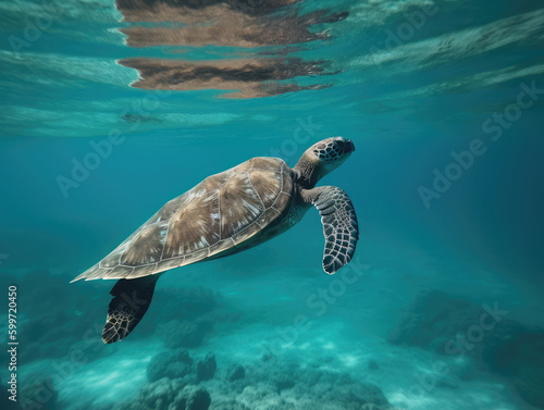Sea turtle swimming in the sea. Generative AI © CostantediHubble