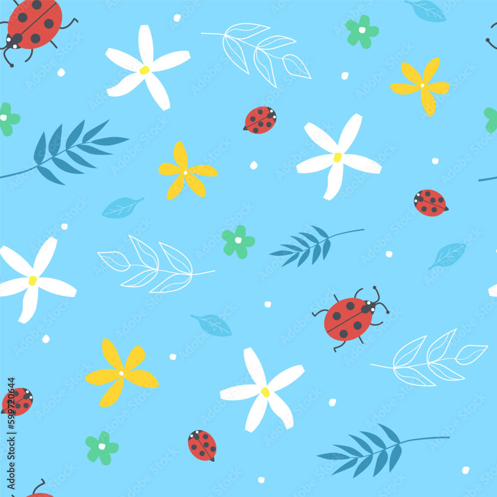 Seamless summer pattern with ladybugs, flowers, leaves. Vector graphics. Seamless summer pattern with ladybugs, flowers, leaves. Vector graphics.