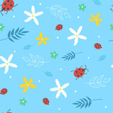 Seamless summer pattern with ladybugs, flowers, leaves. Vector graphics.