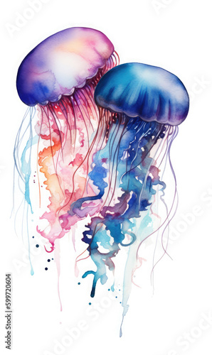 Illustration of two jellyfishes on a white background. Watercolor style. Generative AI