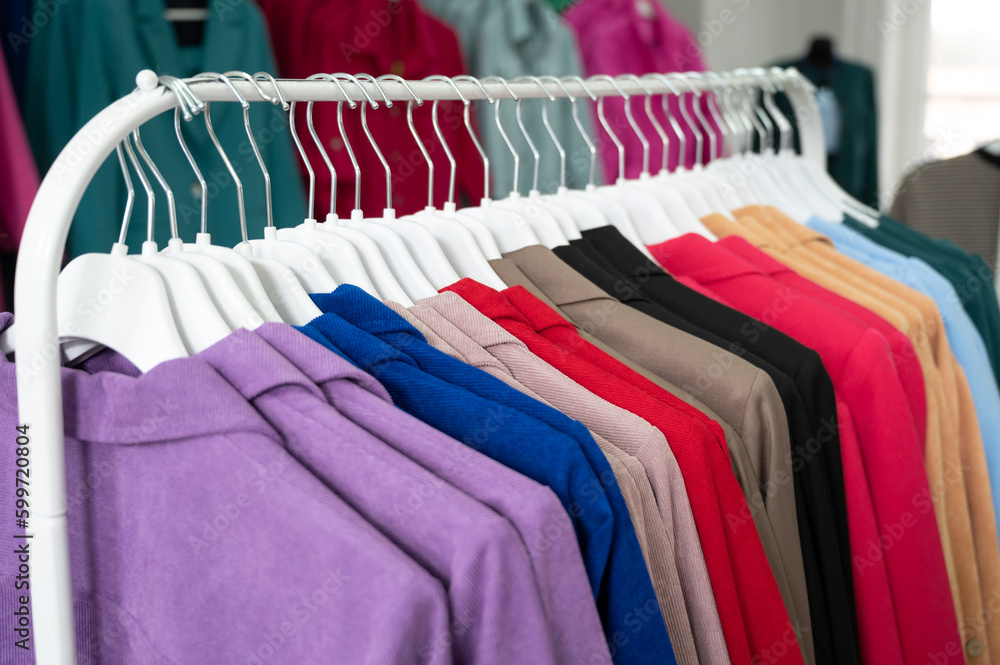 Obraz premium Women's dresses on hangers in a retail shop. Row of different female clothes hanging on rack in fashion show room