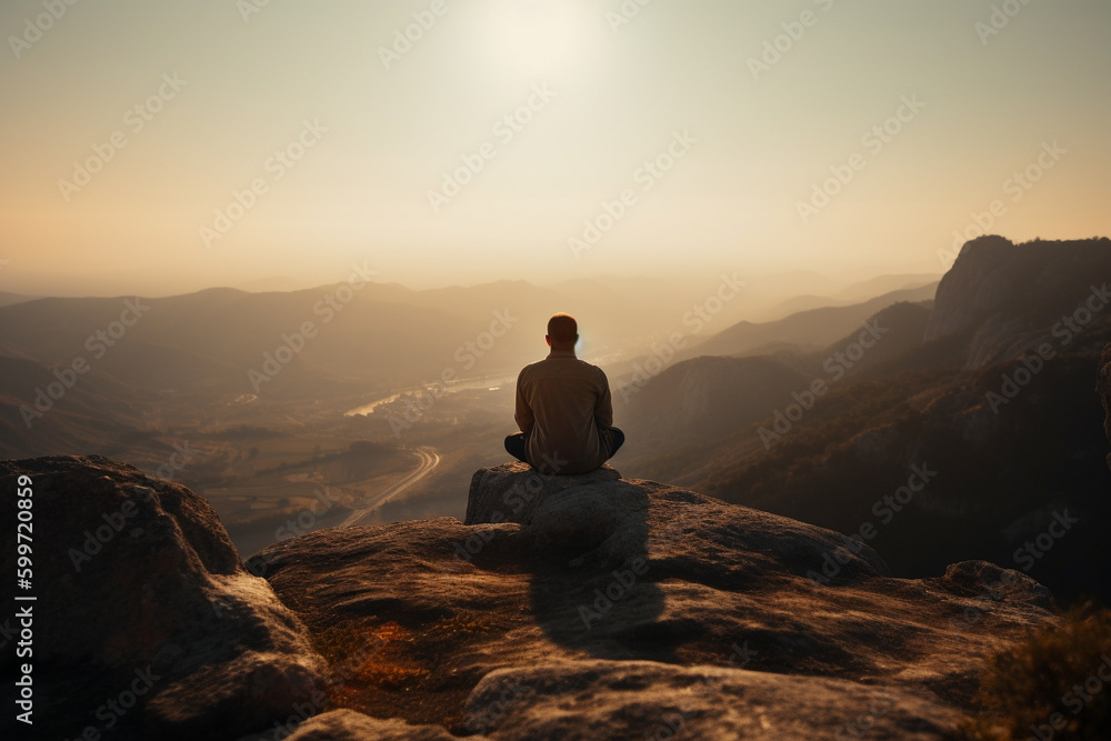 Man in yoga zen pose meditating on a mountain at sunrise or sunset. Balance and stability, meditation relaxation and peace. Natural therapy contemplation therapy. Ai generated