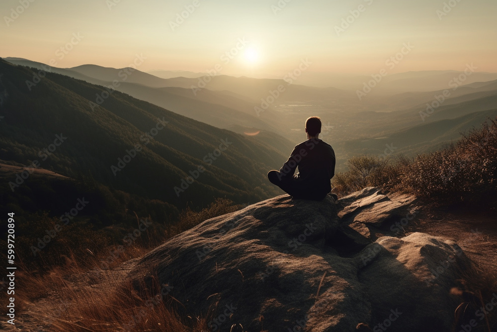 Man in yoga zen pose meditating on a mountain at sunrise or sunset. Balance and stability, meditation relaxation and peace. Natural therapy contemplation therapy. Ai generated