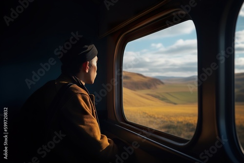 A person tourist sitting in camper van and looking through the window on stunning nature view nature. Generative ai