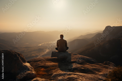 Man in yoga zen pose meditating on a mountain at sunrise or sunset. Balance and stability, meditation relaxation and peace. Natural therapy contemplation therapy. Ai generated