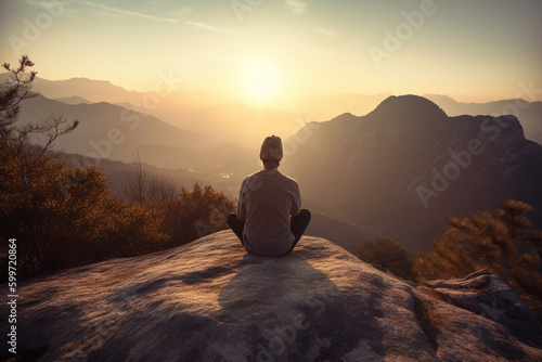 Man in yoga zen pose meditating on a mountain at sunrise or sunset. Balance and stability, meditation relaxation and peace. Natural therapy contemplation therapy. Ai generated