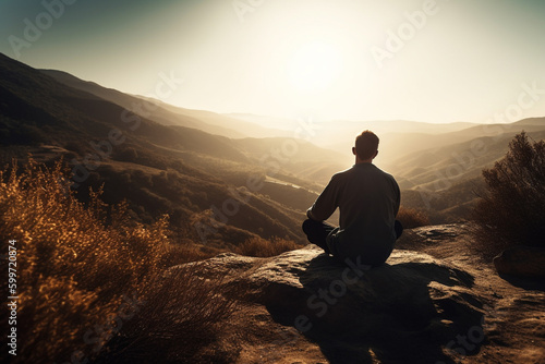 Man in yoga zen pose meditating on a mountain at sunrise or sunset. Balance and stability  meditation relaxation and peace. Natural therapy contemplation therapy. Ai generated