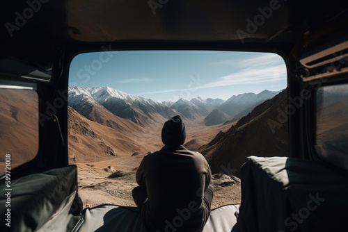 A person tourist sitting in camper van and looking on stunning nature view nature. Generative ai