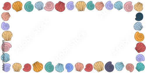 Sea shells frames. Different seashells on white background