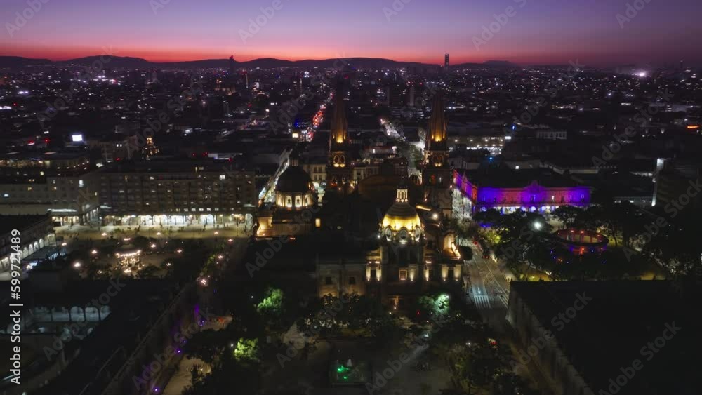 Pink sunset overhead view of central plaza of Guadalajara Mexico, drone flying above historic architecture Cathedral. Aerial view of Guadalajara Cathedral and Plaza Guadalajara in Jalisco, Mexico 4K Pink sunset overhead view of central plaza of Guadalajara Mexico, drone flying above historic architecture Cathedral. Aerial view of Guadalajara Cathedral and Plaza Guadalajara in Jalisco, Mexico 4K
