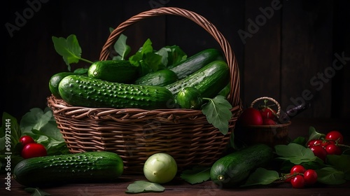 Cucumbers in a basket, dark background, Fresh, Juciy, Healthy, Farming, Harvesting, Environment, Perfessional and award-winning photograph, Close-up - Generative AI photo