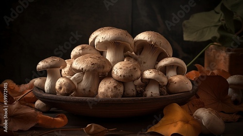 Moshrooms in a basket, dark background, Fresh, Juciy, Healthy, Farming, Harvesting, Environment, Perfessional and award-winning photograph, Close-up - Generative AI
