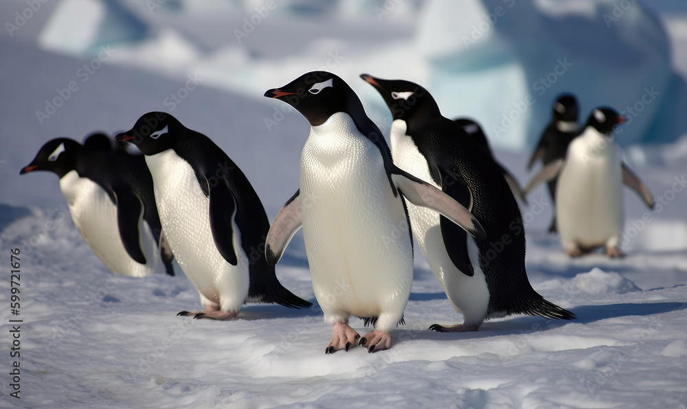 Fototapeta premium Penguins in the south pole. Generative AI