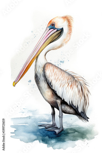 A pelican on a rock. Watercolor illustration on white. Generative AI