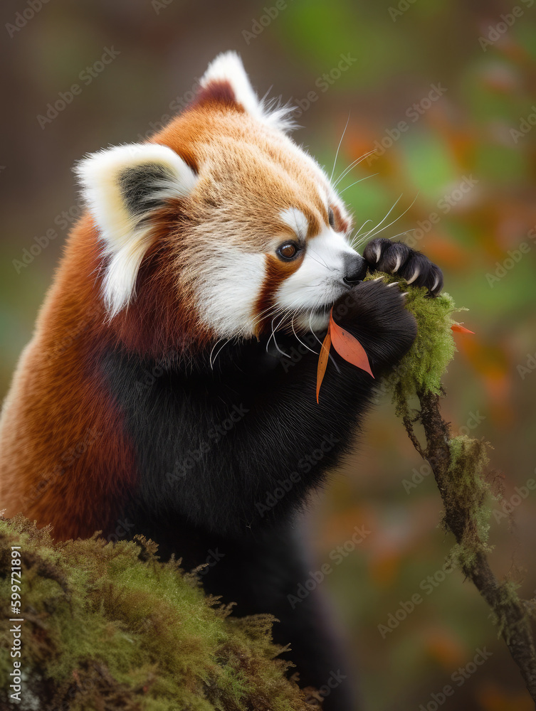 Fototapeta premium Red panda eating bamboo. Close-up portrait. Generative AI
